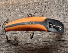 Vintage Helin Flatfish Fishing Lure Orange Black Line Red Spots Crank Bait