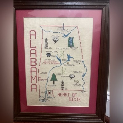 Vintage Framed Alabama Pictorial State Map Cross Stitch Bama Gulf Heart of Dixie
