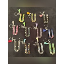 Glitter Resin 'U' Keychain with Tassel - Assorted Colors