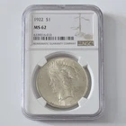 1922 U.S. Peace NGC MS62 90% Fine Silver Dollar Philadelphia Mint