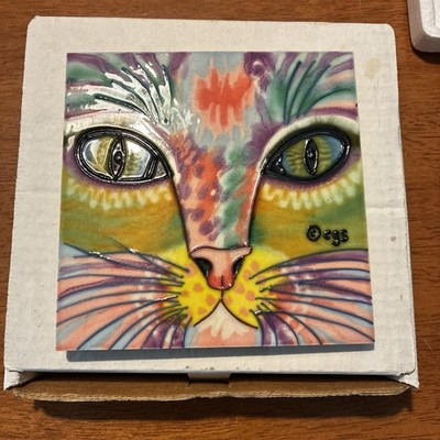 Ceramic Cat Tile Wall Art Colorful 6x6 Raised Relief Gloss Cat Decor