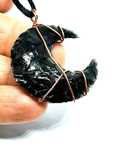 Obsidian Moon Necklace Pendant Copper Wire Wrapped Crystal Gemstone Protection - Picture 11 of 14