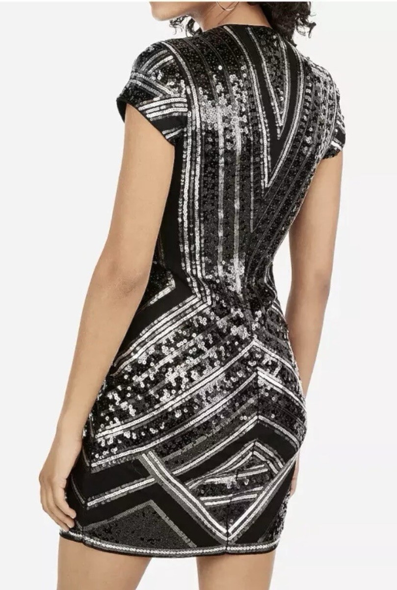 express black and silver sequin dress EXPRESS FASHION SEQUIN RUCHED Black and Silver dress XS NWT