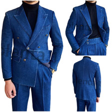 Double-Breasted Denim Men Suits British Slim Fit Casual Tuxedos Jacket Pants New