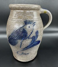 Rowe Pottery Bird Pitcher Jug Crock 8" Ethan Allen Salt Glaze Blue Stoneware EUC