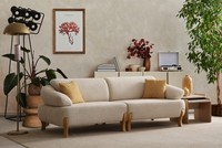 Beiger Wohnzimmer Set Designer Dreisitzer Holz Beistelltisch -2Tlg
