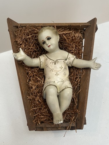 Antique Baby Jesus Child Plaster Figurine In Crib