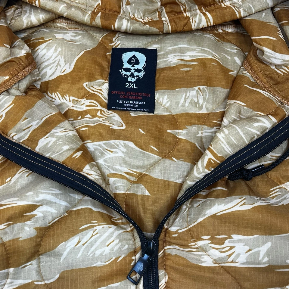 Official Zero Foxtrot Contraband Jacket Men 2XL Orange Tiger Camo Quilted Puffer - Image 3 of 4