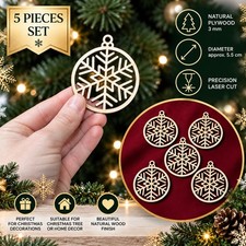 5 Wooden Snowflake Christmas Tree Decorations Baubles 3mm Plywood Laser Cut
