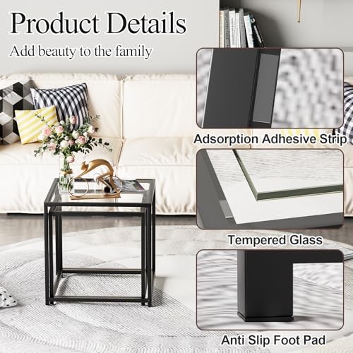  Coffee Table Set of 2, Modern Glass Nesting Table, Metal Frame 19.7" Black