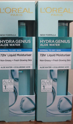 2x Loreal Hydra Genius 72hr Liquid Moisturizer Aloe Hyaluronic Normal to dry 2oz