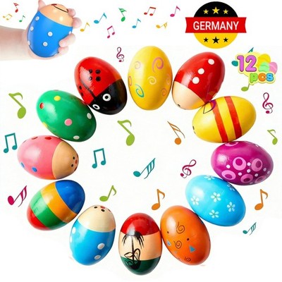 Ostereier Holz, 12 Stück Percussion Musical Egg Shaker, Ostereier aus Holz NEU