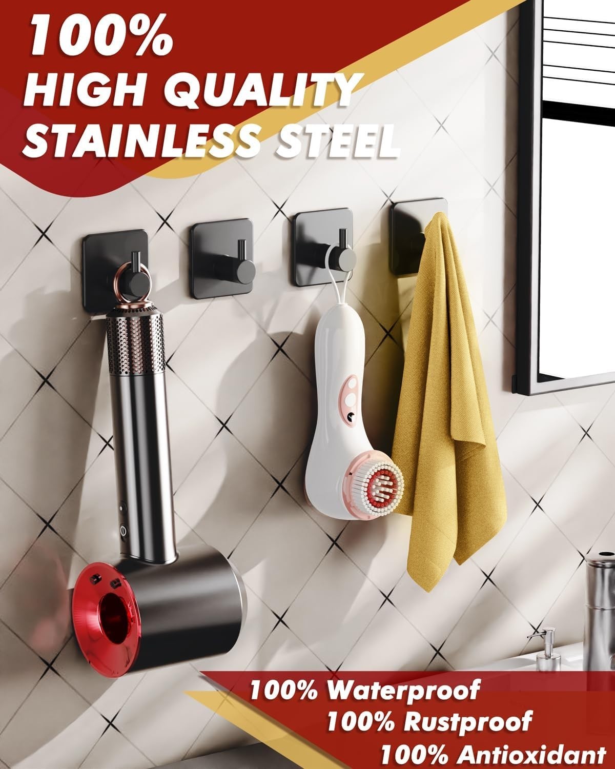 Heavy Duty 5 Pack Adhesive Hooks - 30lbs Max Capacity, Rustproof Stainless Steel