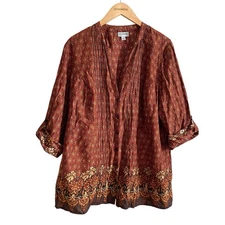 Catherines Fall Brown Orange Beaded Bohemian Roll Tab Sleeve Button Down Top 1X