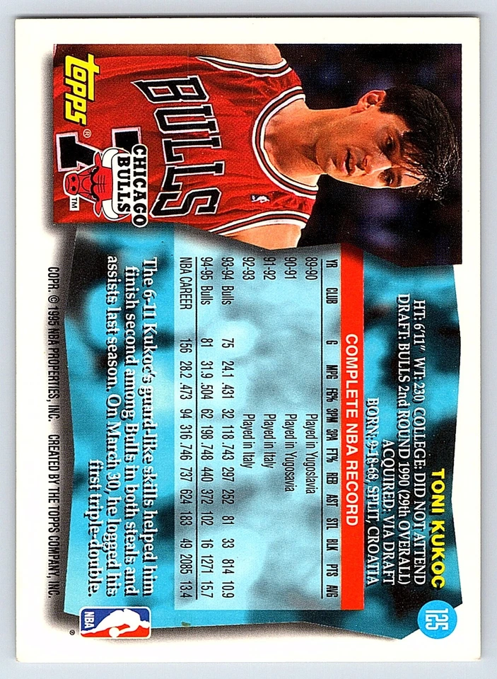 1995-96 Topps #125 Toni Kukoc Chicago Bulls - Image 2 of 2