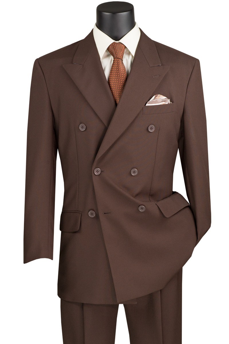 VINCI Brown Men's Double-Breasted Classic Regular Fit Suit Elastic Waist NEW