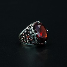Engraved 925 Sterling Silver Red Garnet Gemstone Men's Ring