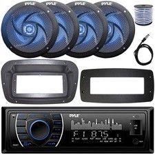 Pyle 1-DIN Marine MP3 Receiver W/Install Kit  Adapter Plate, 4x 4" LED Speakers