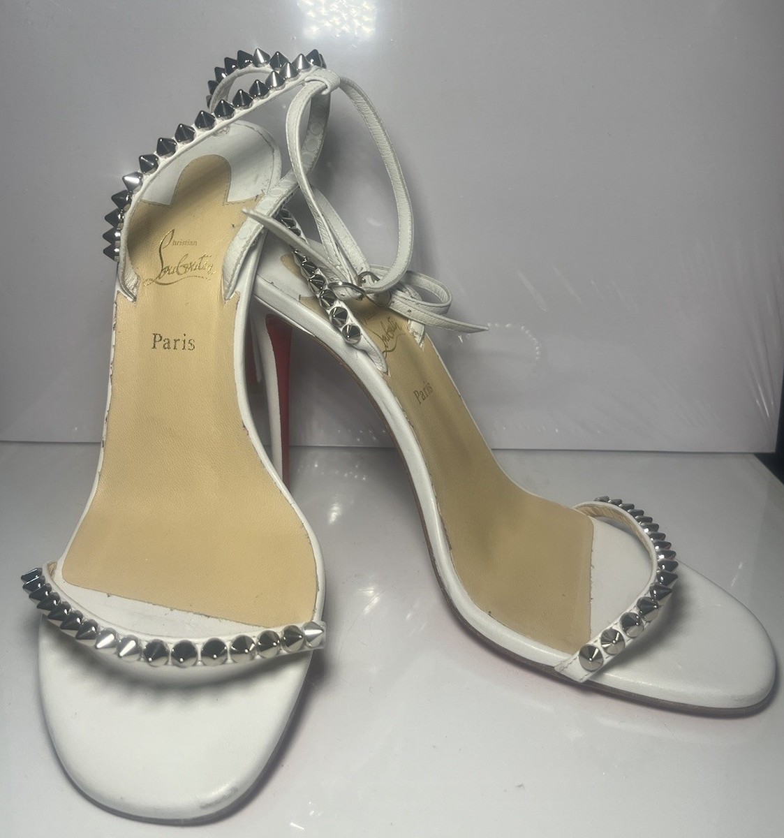 Christian Louboutin So Me White Leather Spike Stiletto Sandals 37