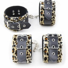 Set Restraints Handcuffs Ankle Cuffs Wrist Leopard Genuine Leather