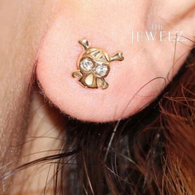 14K Gold Skull Halloween Studs Earrings Available in Ruby Emerald Blue Sapphire - Image 1 of 4