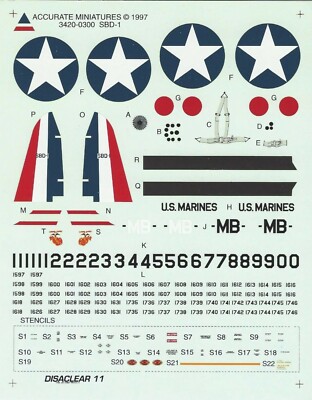 Accurate Miniatures 1/48th Scale SBD-1 Dauntless Decals from Kit No. 3420-0300