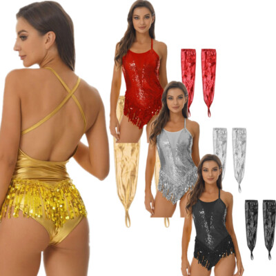 Womens Leotard Metallic Outfit Performance Bodysuit Sequins Set Samba Costume