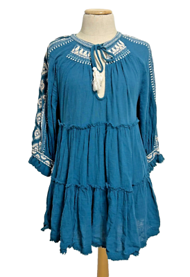 green emerald velvet dress Cleo Embroidered Tunic Dress Boho Ivory With Pink Floral Embroidery Hem  Lantern Sleeves Tassel Ties Small Medium Or Large main image 1