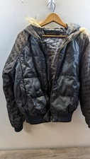 Rocawear Women’s Black Quilted Leather Jacket Hooded Fur Trim Size Large Y2k