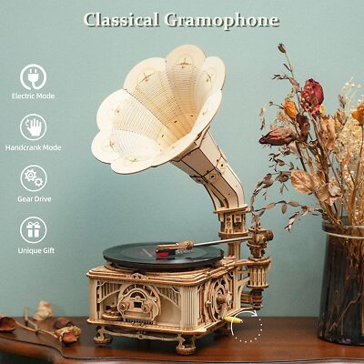 ROKR 3D Wooden Puzzle Automatic Classic Gramophone DIY Build Model Kit Decor