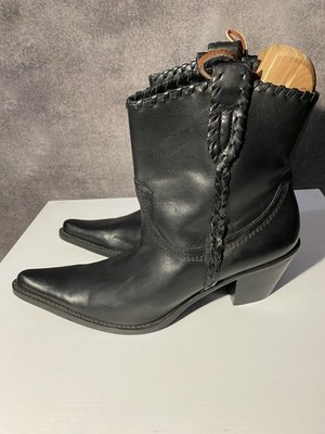 Franco Sarto LEVEE Black Leather Western Ankle Boots Pointed Toe 9.5M