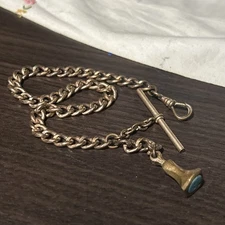 Antique DFB Co GF Link Watch Chain TBar Brass Fob Thistle Stamp “Dinna Forget”