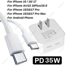 Fast Charger Dual USB-C 35W PD Block Type C Cord For iPhone Air 17 16 15 Samsung