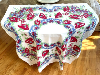 1950’s Printed Cotton Red Blue Floral Heavy Tablecloth 44” by 49” VINTAGE