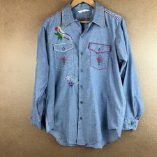 VTG 70s Key Imperial Embroidered Flowers Chambray Work Shirt Boho Hippie L USA