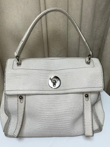 YVES SAINT LAURENT Muse Two Handbag Light Gray Lizard Embossed Leather