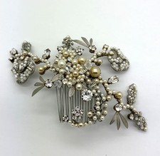 Vintage Inspired Bridal Hair Comb Faux Pearls/Crystals Silver Toned 5 3/8  Wide