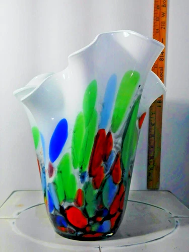 Italian Murano Hand Blown Art Glass Vase 12” White Multi-Colored Ruffled Rim