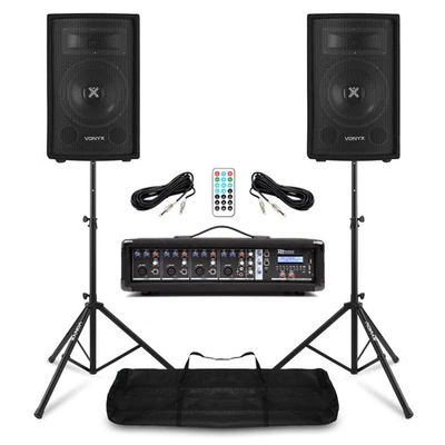 POWER DYNAMICS Vonyx SL8 8" PA Speaker Mixer Amp Stands - Complete Band PA System Package