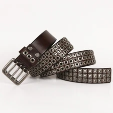 Men Real Genuine Leather Belt Punk Biker Studded Rock Rivet Buckle Waistband
