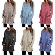 Women Casual Pocket Solid T Shirt Tunic Crew Neck Long Sleeve Loose Blouse Tops 