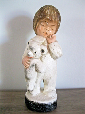 Vintage Chalkware M. Brower Mfg by ESCO Prod 1974 Boy child Bear figurine statue