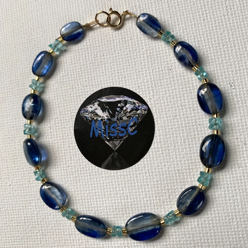 PULSEIRA DE OURO 9 QUILATES CIANITA E ÁGUA-MARINHA, FEITA À MÃO NO REINO UNIDO POR MISSC, ESTAMPADA 375 - Imagem 4 de 4
