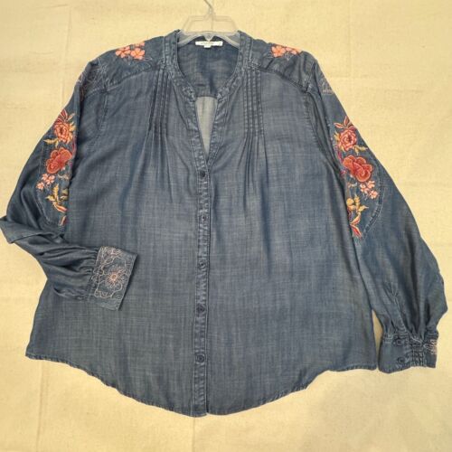 Chico's Chambray Button-Up Blouse Floral Embroidery Long Sleeves 4 (USA 20)