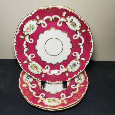 3pc Antique Old Paris Hand Painted Porcelain Floral Maroon Dinner Plate 9.25''