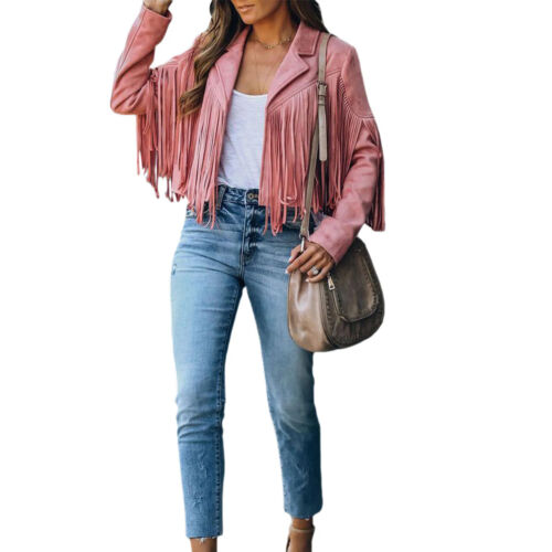 Damen Moto Biker Jacke Chic Cropped Quaste Fransen Kurz Dekor Mantel - Bild 25 von 28