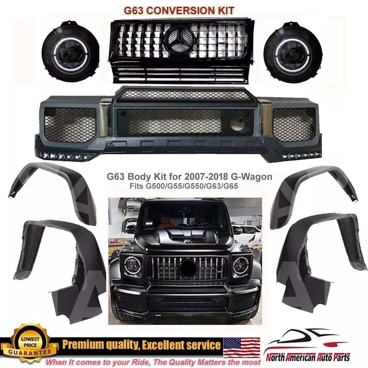 G63 Brabus Front Bumper + Lower LED Lip + 2019 Headlights + Back