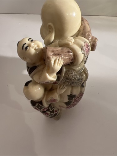 Resin Cream Rubbing Belly Buddha Carrying 3 Children Hand Carved and Painted D3 - Picture 6 of 19