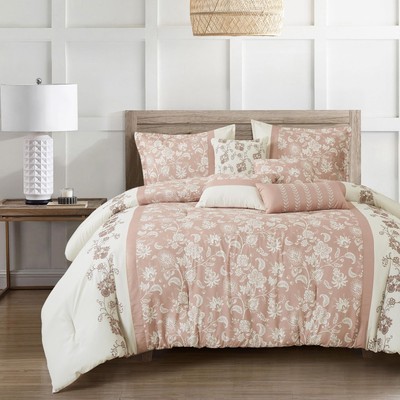 7-Piece Kabibe Floral Pink Comforter Set Flower Embroideried Bedding Queen Size