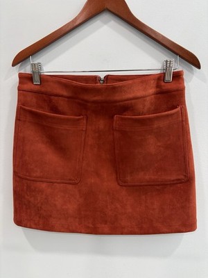 L Love Rust Faux Suede Mini Skirt Medium Zip Back Pocket A-Line Retro
